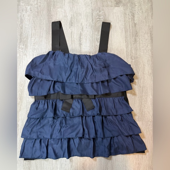 Anthropologie Bordeaux Top Silk Tank Ruffle Navy Black Front Bow Detail Sz Large - Picture 2 of 6
